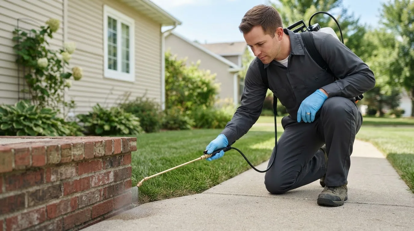 Pest control technician treating a home near Alborn, MN