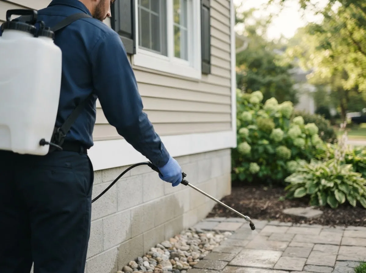 Pest control technician inspecting a home in Alborn, MN
